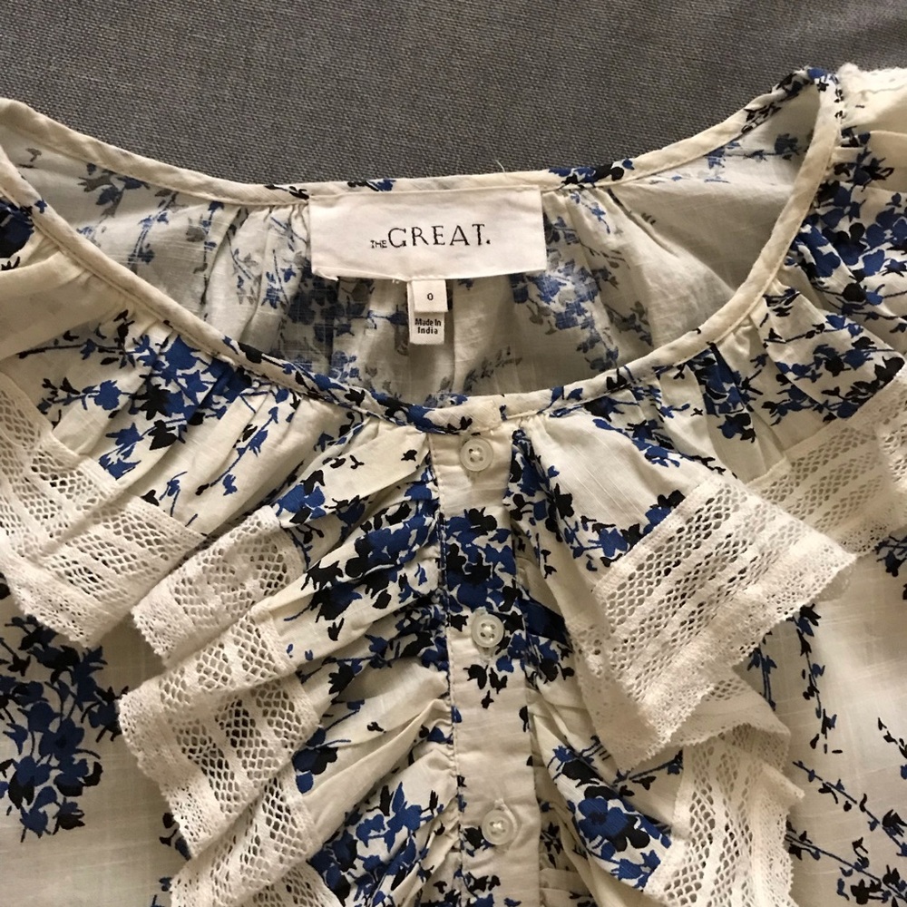 THE GREAT. Bishop Blue on White Floral Blouse - Picture 13 of 14